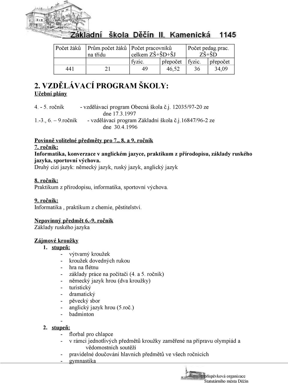 a 9. ročník 7. ročník: Informatika, konverzace v anglickém jazyce, praktikum z přírodopisu, základy ruského jazyka, sportovní výchova. Druhý cizí jazyk: německý jazyk, ruský jazyk, anglický jazyk 8.