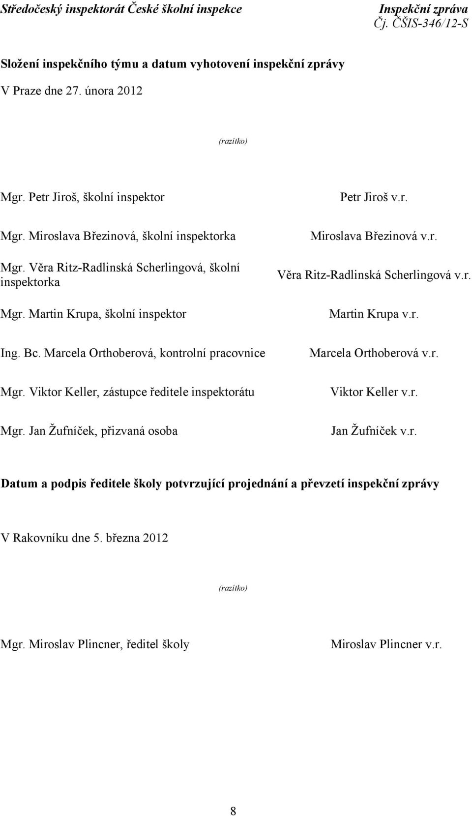 Marcela Orthoberová, kontrolní pracovnice Marcela Orthoberová v.r. Mgr. Viktor Keller, zástupce ředitele inspektorátu Viktor Keller v.r. Mgr. Jan Žufníček, přizvaná osoba Jan Žufníček v.r. Datum a podpis ředitele školy potvrzující projednání a převzetí inspekční zprávy V Rakovníku dne 5.