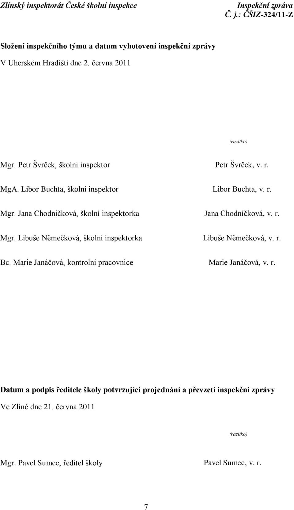 Jana Chodníčková, školní inspektorka Jana Chodníčková, v. r. Mgr. Libuše Němečková, školní inspektorka Libuše Němečková, v. r. Bc.