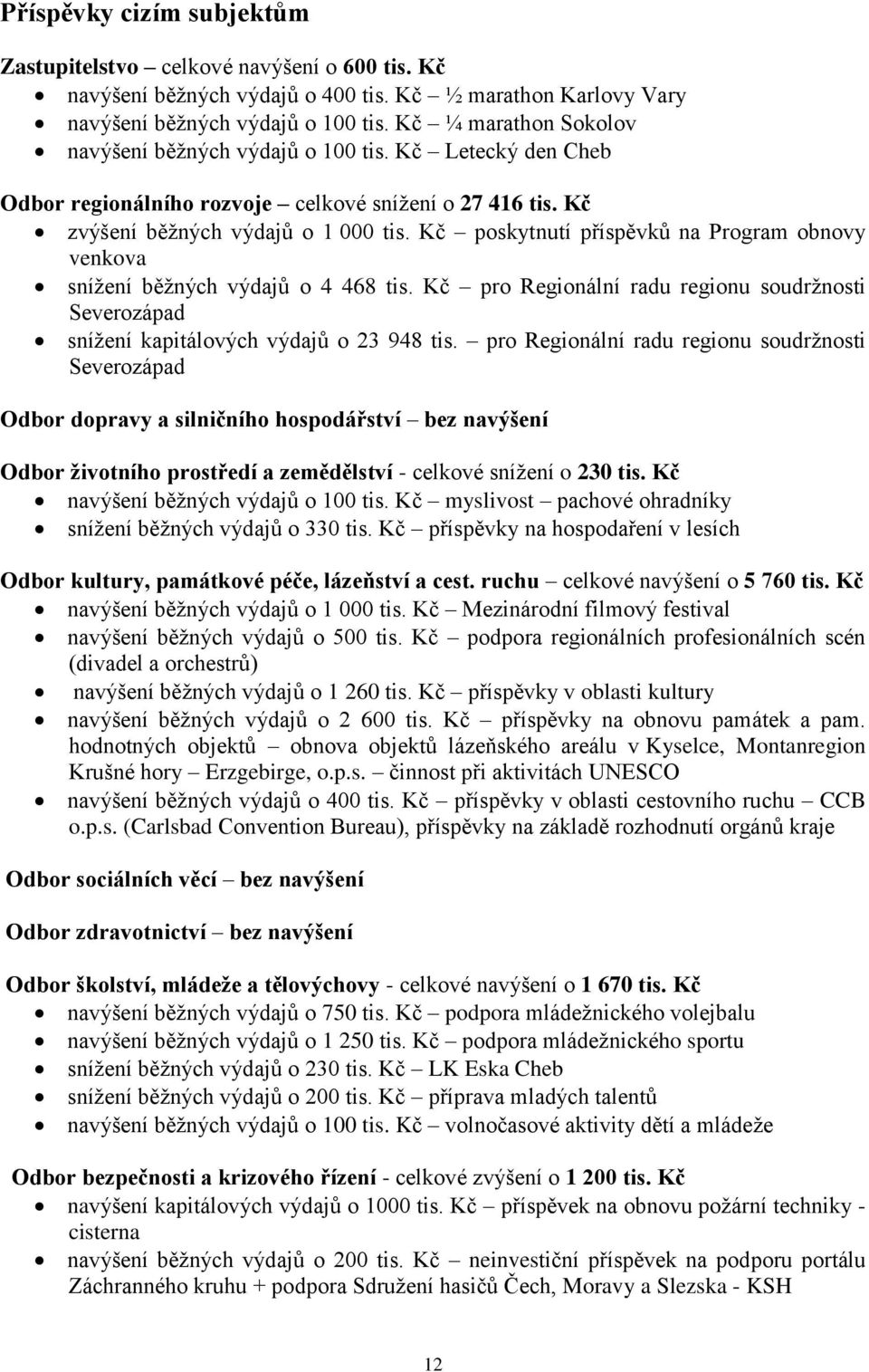 Kč poskytnutí příspěvků na Program obnovy venkova snížení běžných výdajů o 4 468 tis. Kč pro Regionální radu regionu soudržnosti Severozápad snížení kapitálových výdajů o 23 948 tis.