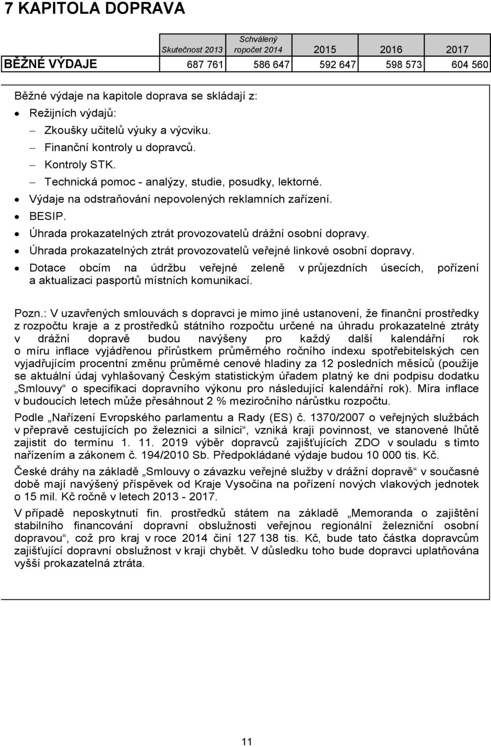 Úhrada prokazatelných ztrát provozovatelů veřejné linkové osobní dopravy. Dotace obcím na údržbu veřejné zeleně v průjezdních úsecích, pořízení a aktualizaci pasportů místních komunikací. Pozn.