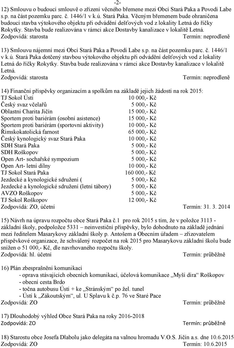 Stavba bude realizována v rámci akce Dostavby kanalizace v lokalitě Letná. 13) Smlouvu nájemní mezi Obcí Stará Paka a Povodí Labe s.p. na část pozemku parc. č. 1446/1 v k.ú.