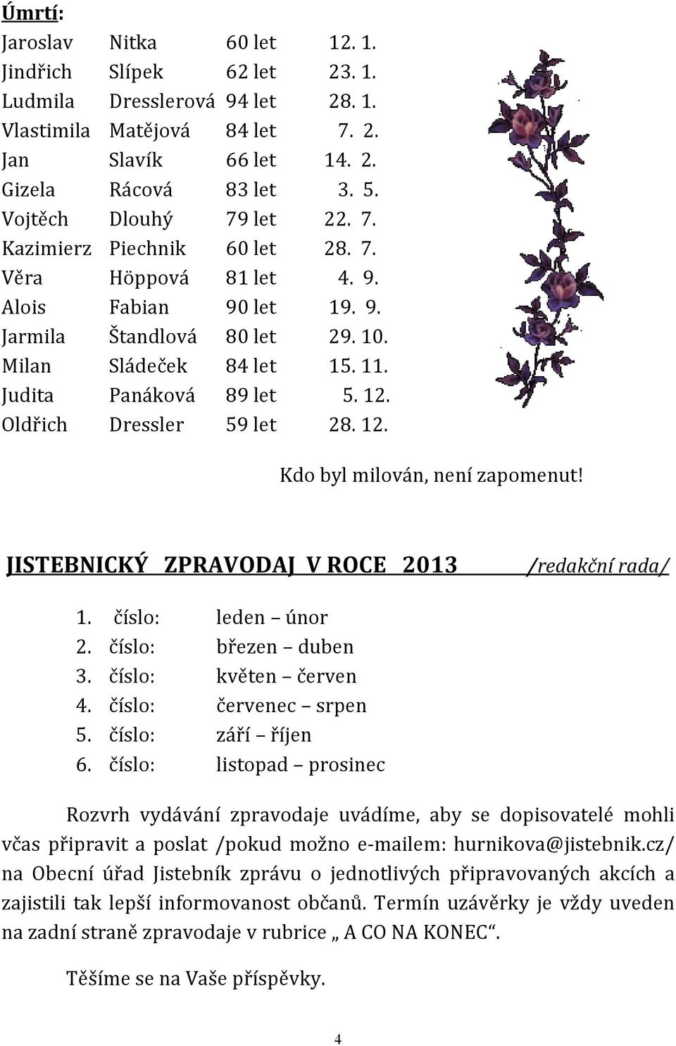 9. 29. 10. 15. 11. 5. 12. 28. 12. Kdo byl milován, není zapomenut! JISTEBNICKÝ ZPRAVODAJ V ROCE 2013 1. 2. 3. 4. 5. 6.