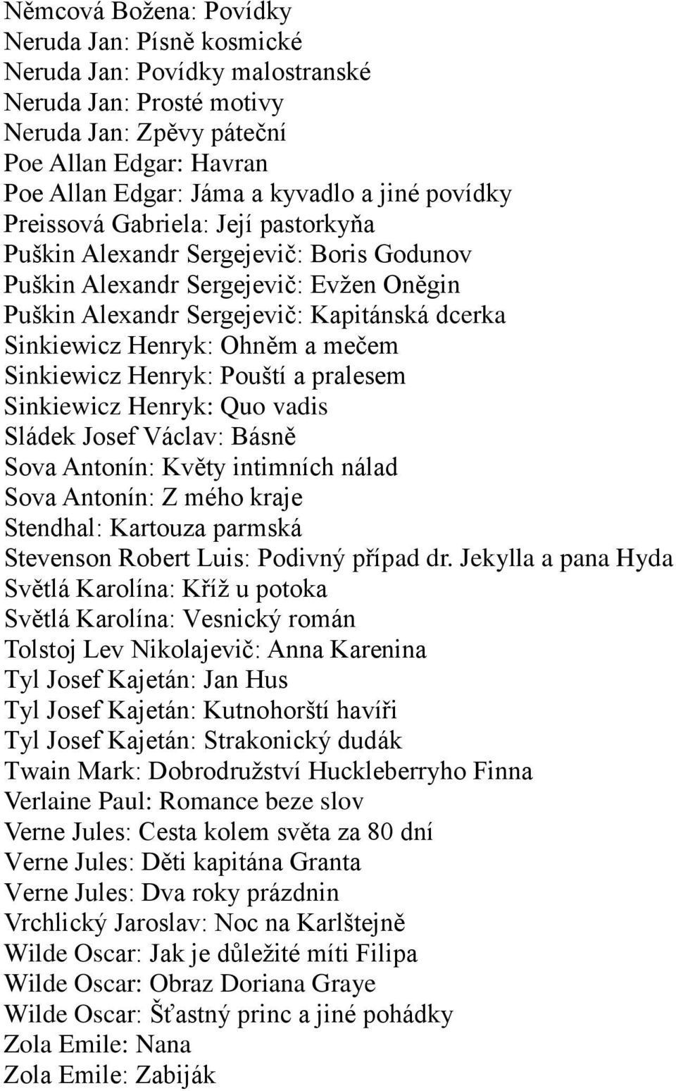 mečem Sinkiewicz Henryk: Pouští a pralesem Sinkiewicz Henryk: Quo vadis Sládek Josef Václav: Básně Sova Antonín: Květy intimních nálad Sova Antonín: Z mého kraje Stendhal: Kartouza parmská Stevenson