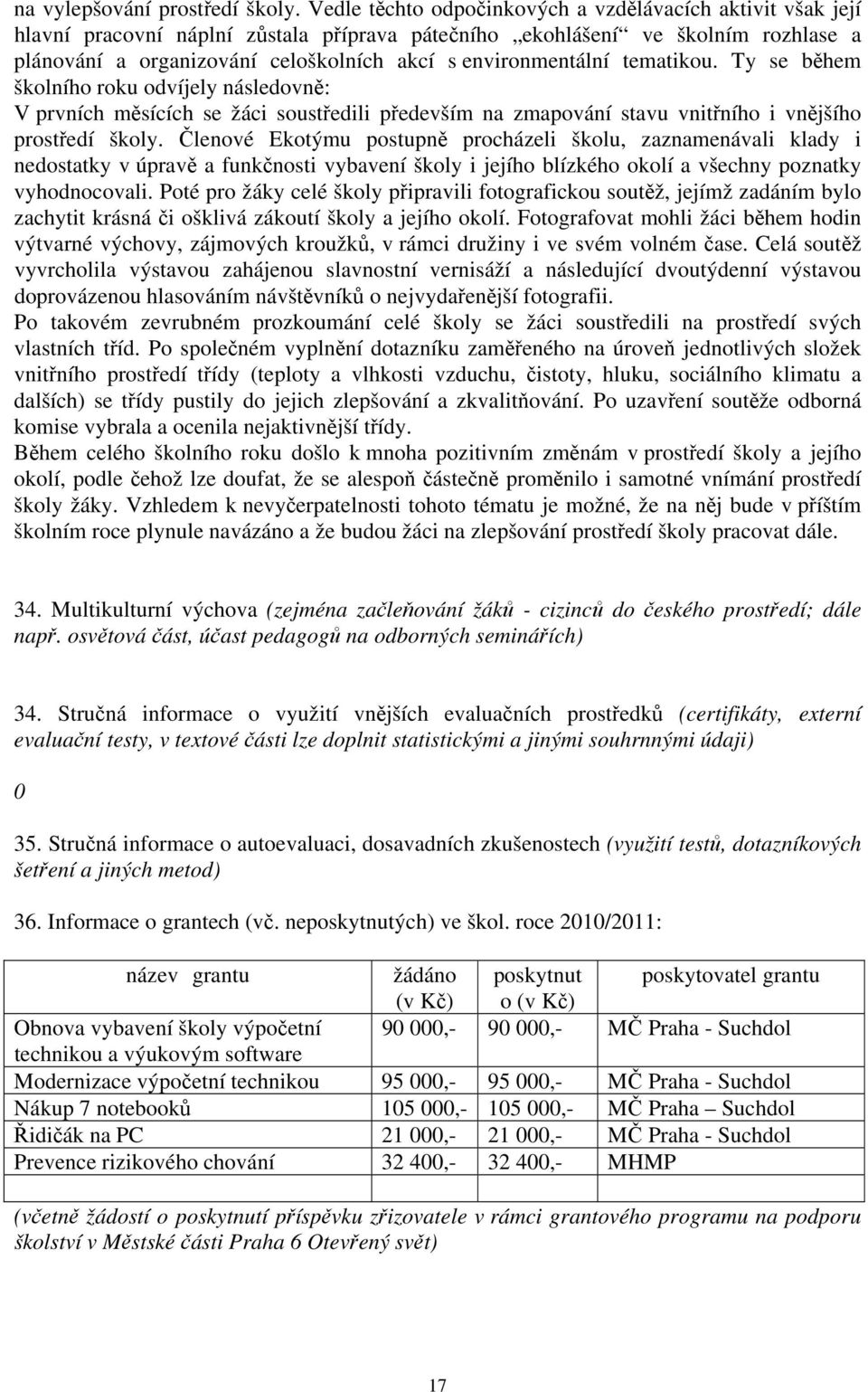 environmentální tematikou. Ty se během školního roku odvíjely následovně: V prvních měsících se žáci soustředili především na zmapování stavu vnitřního i vnějšího prostředí školy.