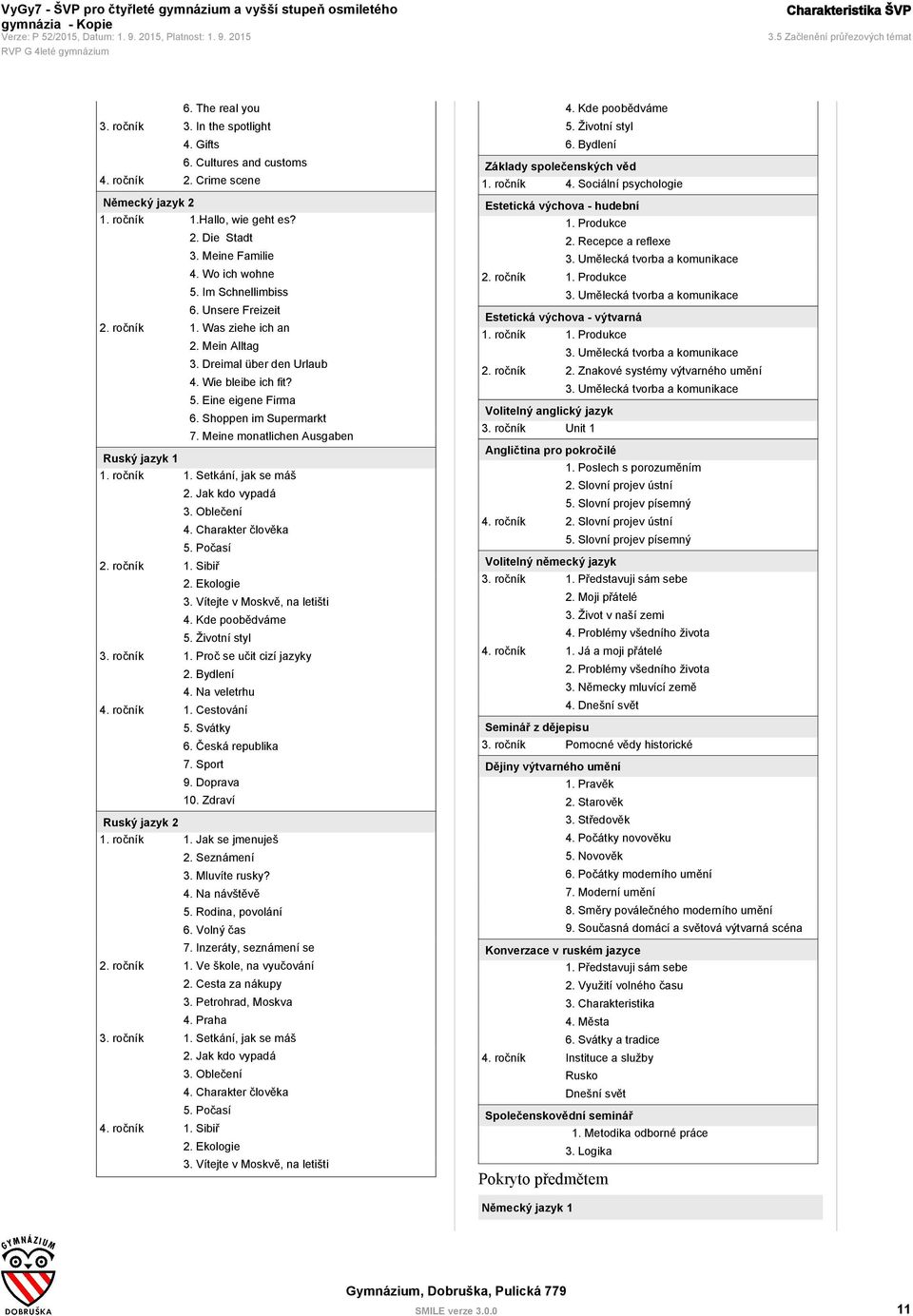 5. Eine eigene Firma 6. Shoppen im Supermarkt 7. Meine monatlichen Ausgaben Ruský jazyk 1 1. ročník 1. Setkání, jak se máš 2. Jak kdo vypadá 3. Oblečení 4. Charakter člověka 5. Počasí 2. ročník 1. Sibiř 2.