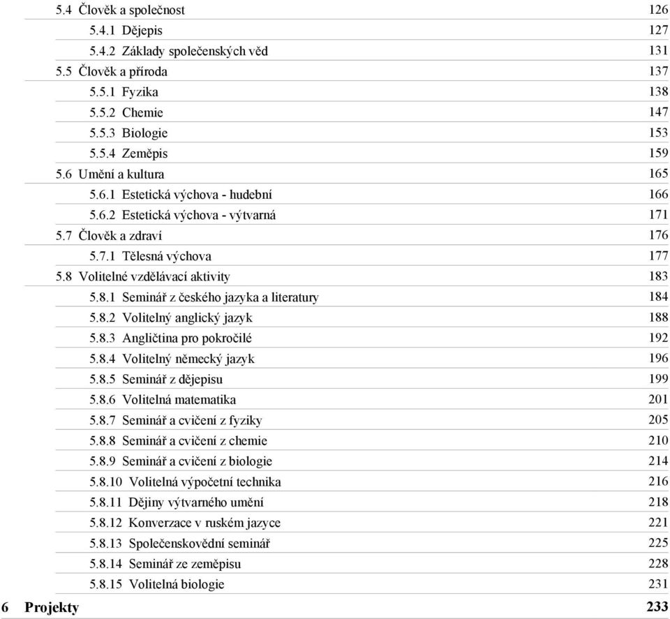 8.2 Volitelný anglický jazyk 188 5.8.3 Angličtina pro pokročilé 192 5.8.4 Volitelný německý jazyk 196 5.8.5 Seminář z dějepisu 199 5.8.6 Volitelná matematika 201 5.8.7 Seminář a cvičení z fyziky 205 5.