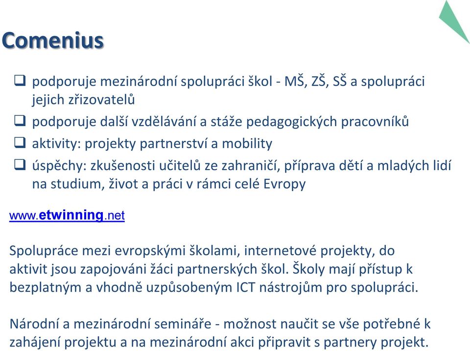 net Spolupráce mezi evropskými školami, internetové projekty, do aktivit jsou zapojováni žáci partnerských škol.