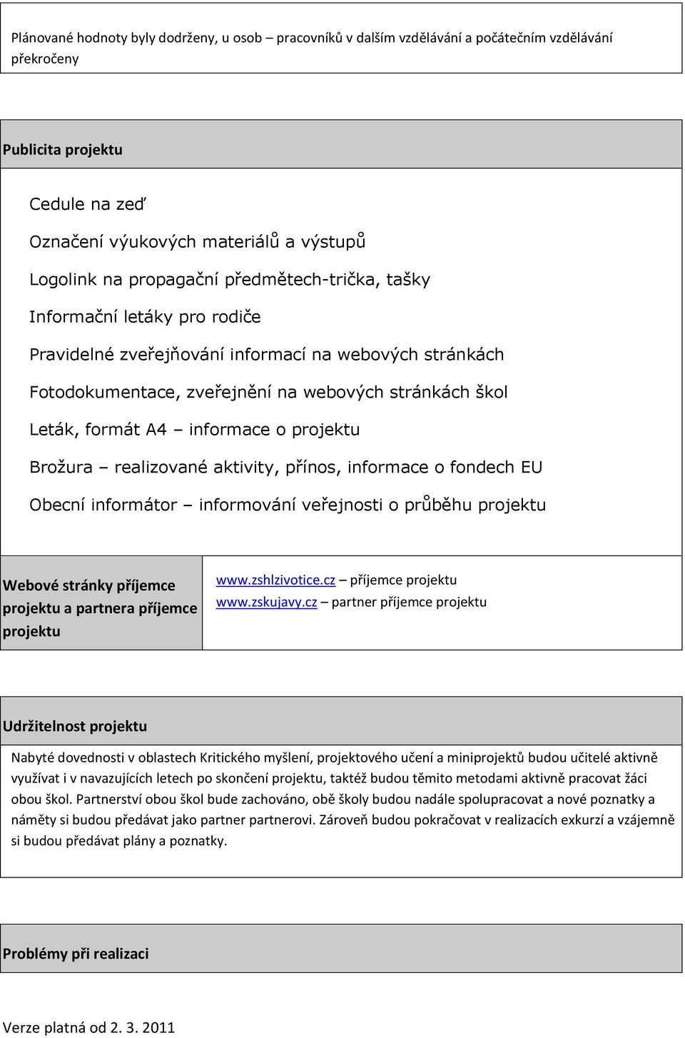 informace o projektu Brožura realizované aktivity, přínos, informace o fondech EU Obecní informátor informování veřejnosti o průběhu projektu Webové stránky příjemce projektu a partnera příjemce