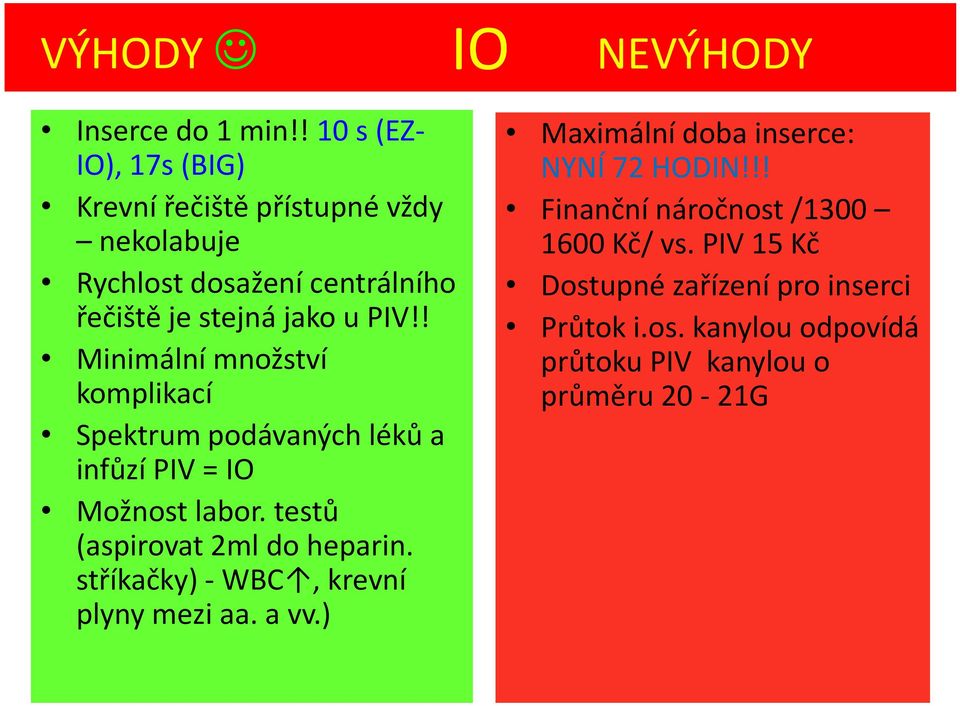 ! Minimální množství komplikací Spektrum podávaných léků a infůzí PIV = IO Možnost labor. testů (aspirovat 2ml do heparin.