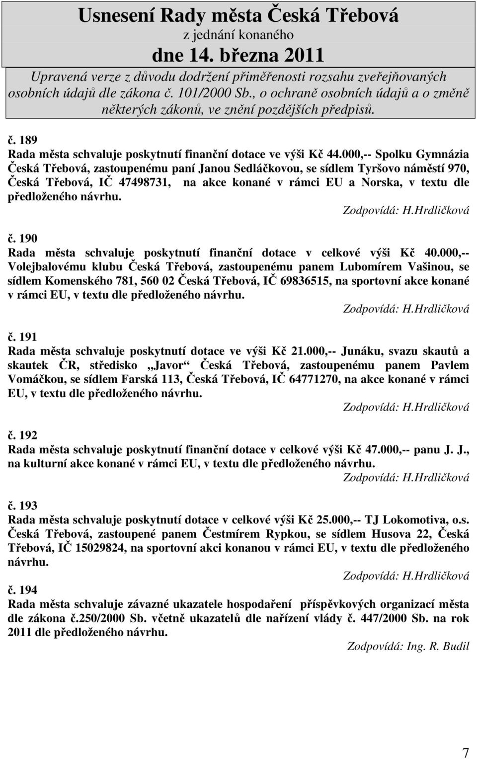 návrhu. č. 190 Rada města schvaluje poskytnutí finanční dotace v celkové výši Kč 40.