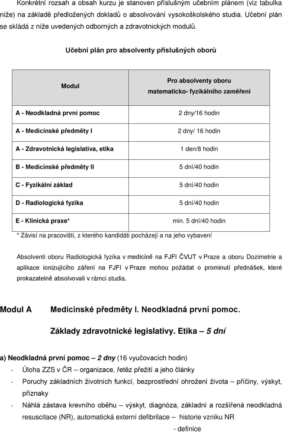 Učební plán pro absolventy příslušných oborů Modul Pro absolventy oboru matematicko- fyzikálního zaměření A - Neodkladná první pomoc A - Medicínské předměty I A - Zdravotnická legislativa, etika B -