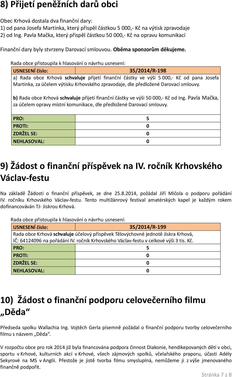 35/2014/R-198 a) Rada obce Krhová schvaluje přijetí finanční částky ve výši 5 000,- Kč od pana Josefa Martinka, za účelem výtisku Krhovského zpravodaje, dle předložené Darovací smlouvy.