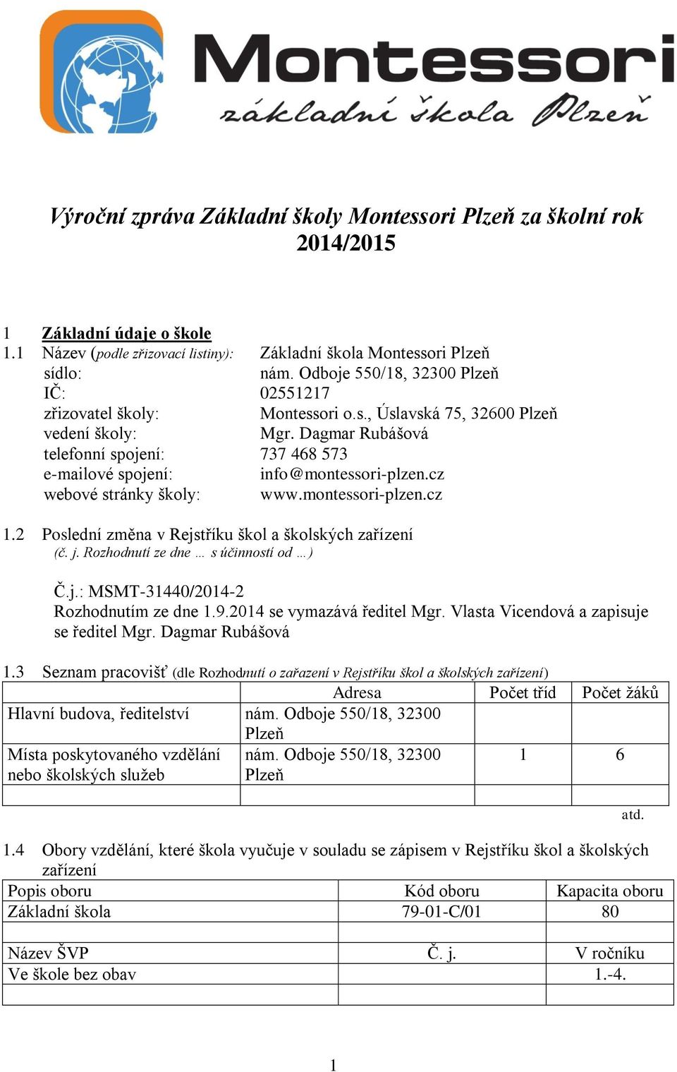 Dagmar Rubášová telefonní spojení: 737 468 573 e-mailové spojení: info@montessori-plzen.cz webové stránky školy: www.montessori-plzen.cz.2 Poslední změna v Rejstříku škol a školských zařízení (č. j.