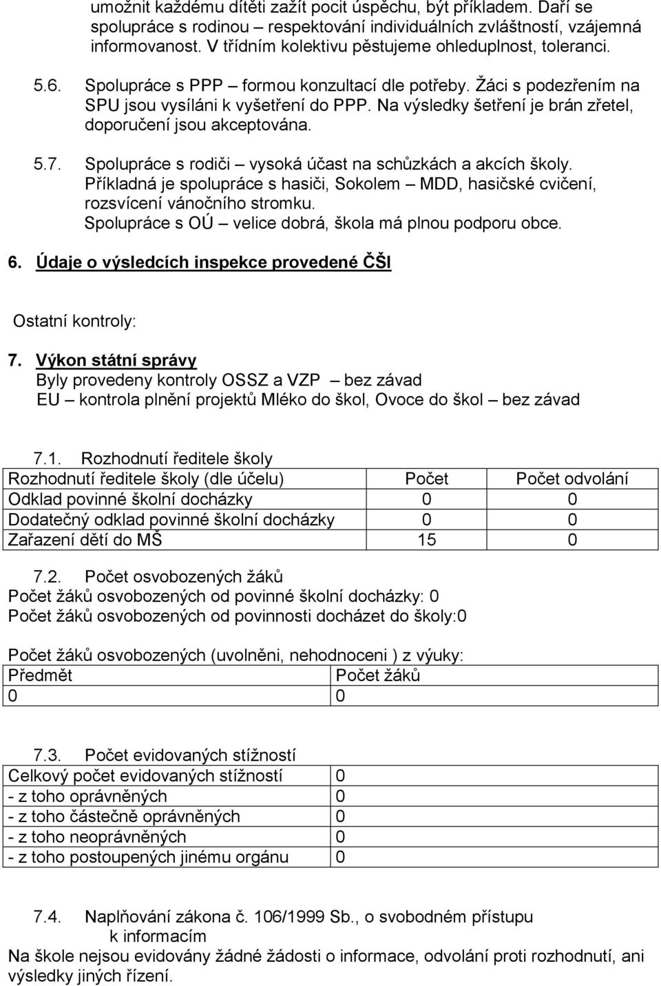 Na výsledky šetření je brán zřetel, doporučení jsou akceptována. 5.7. Spolupráce s rodiči vysoká účast na schůzkách a akcích školy.