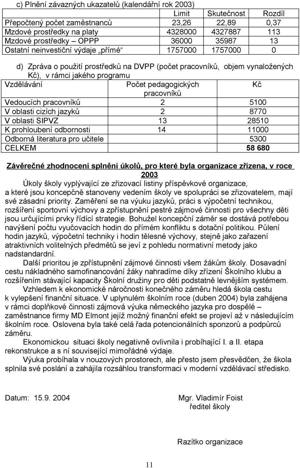 Kč pracovníků Vedoucích pracovníků 2 5100 V oblasti cizích jazyků 2 8770 V oblasti SIPVZ 13 28510 K prohloubení odbornosti 14 11000 Odborná literatura pro učitele 5300 CELKEM 58 680 Závěrečné