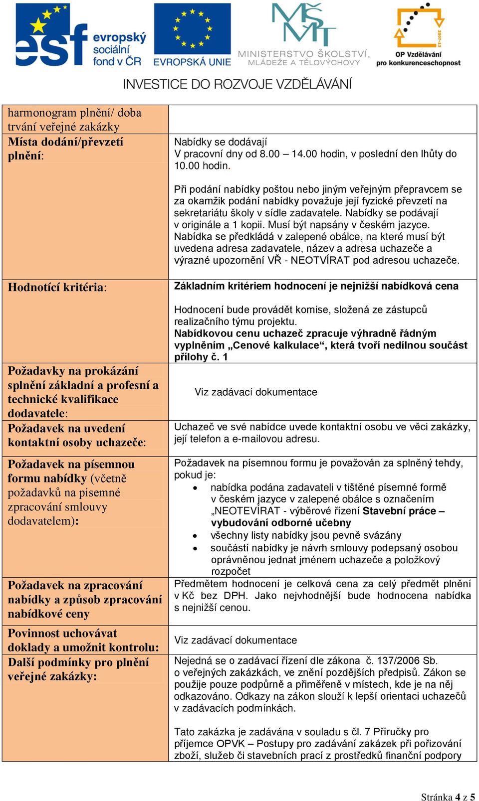 Nabídky se podávají v originále a 1 kopii. Musí být napsány v českém jazyce.