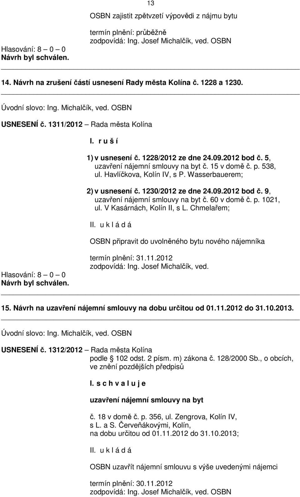 15 v domě č. p. 538, ul. Havlíčkova, Kolín IV, s P. Wasserbauerem; 2) v usnesení č. 1230/2012 ze dne 24.09.2012 bod č. 9, uzavření nájemní smlouvy na byt č. 60 v domě č. p. 1021, ul.