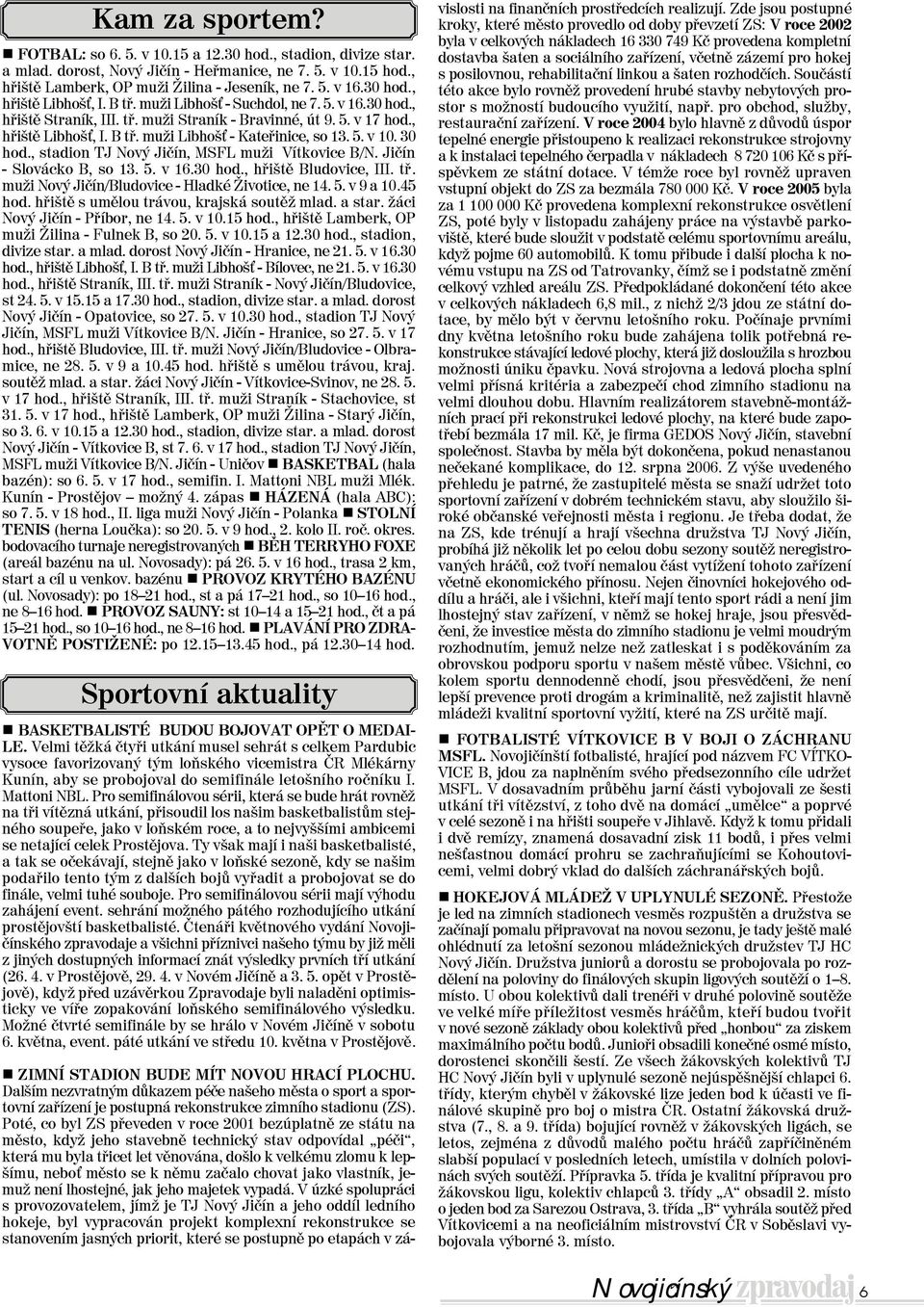 5. v 10. 30 hod., stadion TJ Nový Jičín, MSFL muži Vítkovice B/N. Jičín - Slovácko B, so 13. 5. v 16.30 hod., hřiště Bludovice, III. tř. muži Nový Jičín/Bludovice - Hladké Životice, ne 14. 5. v 9 a 10.