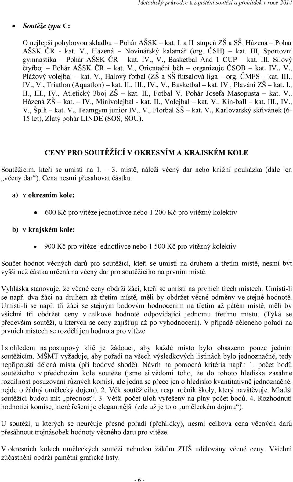 ČMFS kat. III., IV., V., Triatlon (Aquatlon) kat. II., III., IV., V., Basketbal kat. IV., Plavání ZŠ kat. I., II., III., IV., Atletický 3boj ZŠ kat. II., Fotbal V. Pohár Josefa Masopusta kat. V., Házená ZŠ kat.