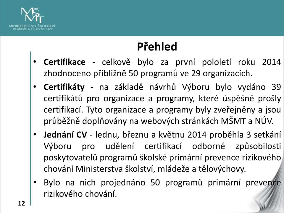 Tyto organizace a programy byly zveřejněny a jsou průběžně doplňovány na webových stránkách MŠMT a NÚV.