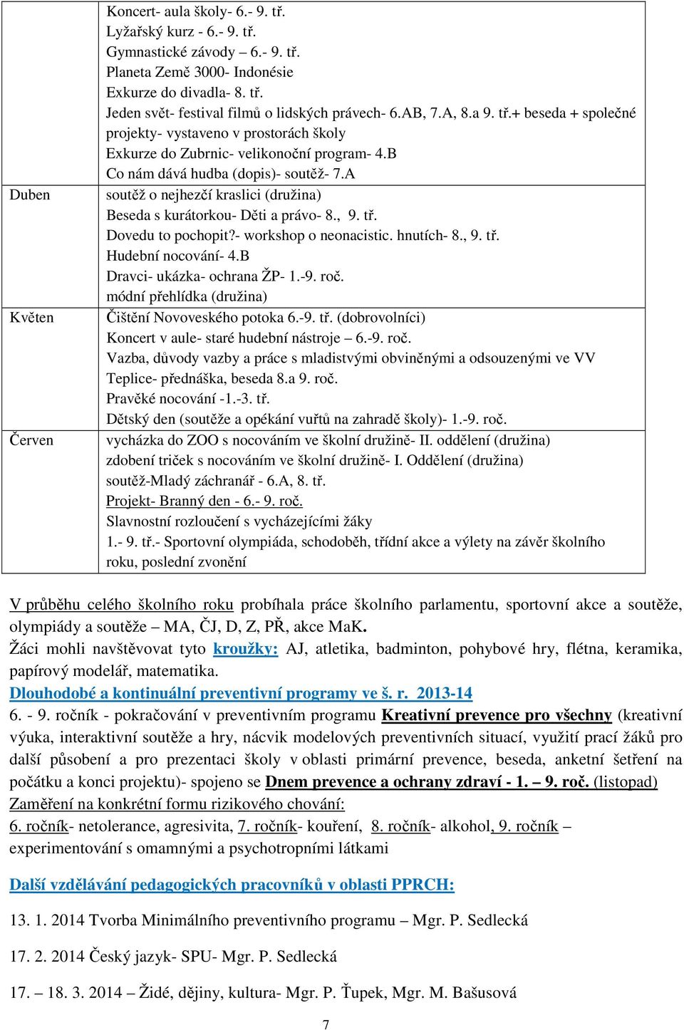 A soutěž o nejhezčí kraslici (družina) Beseda s kurátorkou- Děti a právo- 8., 9. tř. Dovedu to pochopit?- workshop o neonacistic. hnutích- 8., 9. tř. Hudební nocování- 4.