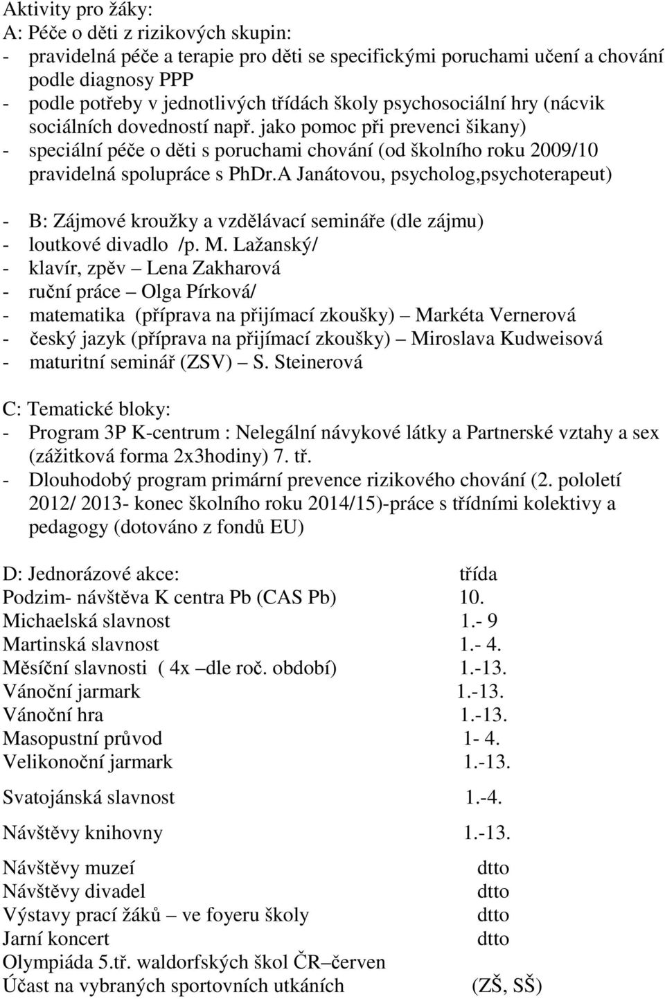 A Janátovou, psycholog,psychoterapeut) - B: Zájmové kroužky a vzdělávací semináře (dle zájmu) - loutkové divadlo /p. M.