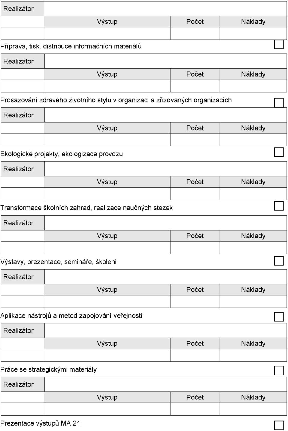 školních zahrad, realizace naučných stezek Výstavy, prezentace, semináře, školení Aplikace