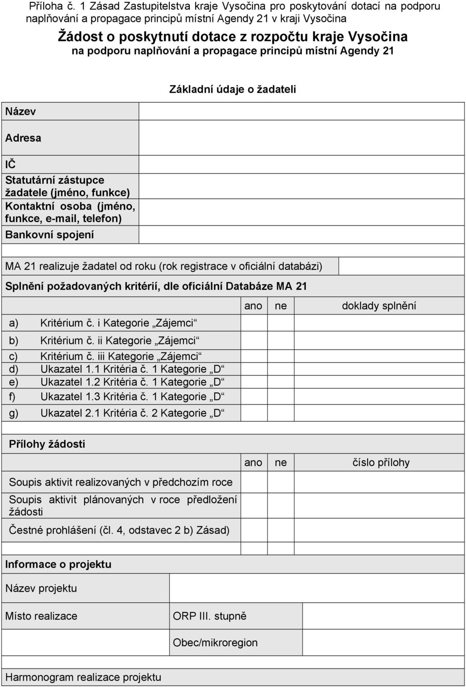 podporu naplňování a propagace principů místní Agendy 21 Název Adresa IČ Statutární zástupce žadatele (jméno, funkce) Kontaktní osoba (jméno, funkce, e-mail, telefon) Bankovní spojení Základní údaje