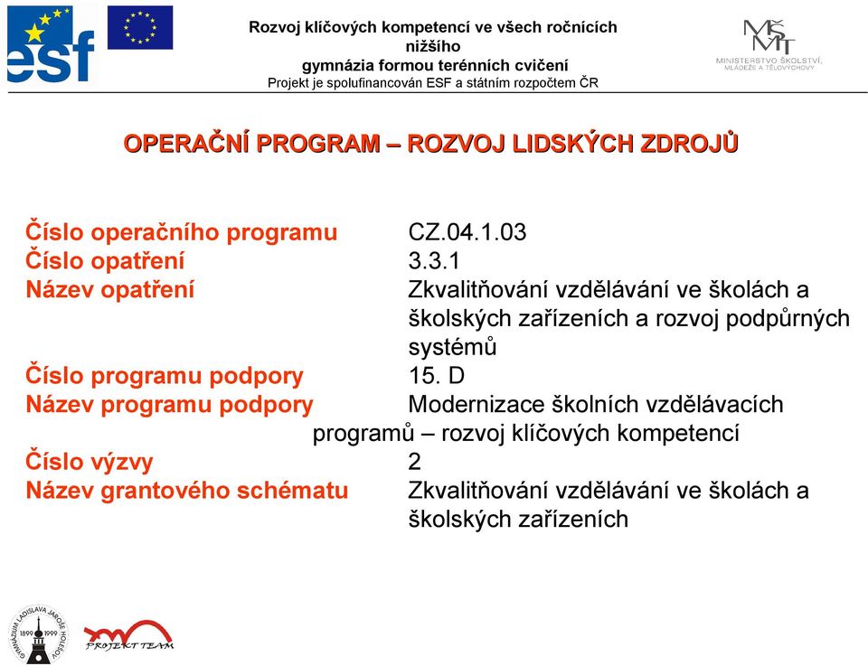 3.3.1 Zkvalitňování vzdělávání ve školách a školských zařízeních a rozvoj podpůrných systémů Číslo programu podpory 15.