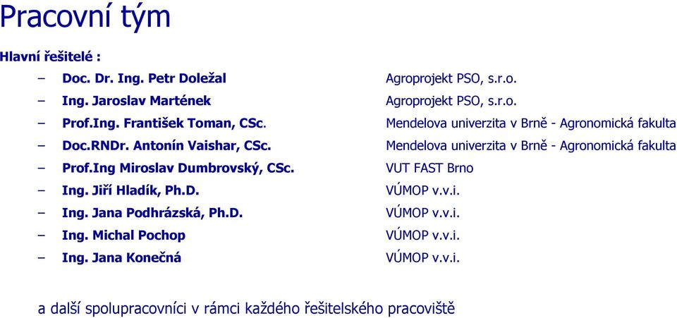 Mendelova univerzita v Brně - Agronomická fakulta Prof.Ing Miroslav Dumbrovský, CSc. VUT FAST Brno Ing. Jiří Hladík, Ph.D. VÚMOP v.v.i. Ing. Jana Podhrázská, Ph.