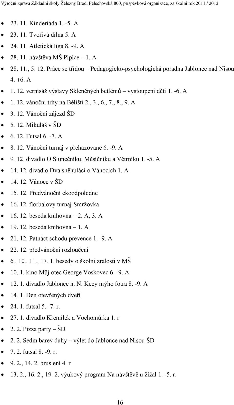 A 3. 12. Vánoční zájezd ŠD 5. 12. Mikuláš v ŠD 6. 12. Futsal 6. -7. A 8. 12. Vánoční turnaj v přehazované 6. -9. A 9. 12. divadlo O Slunečníku, Měsíčníku a Větrníku 1. -5. A 14. 12. divadlo Dva sněhuláci o Vánocích 1.