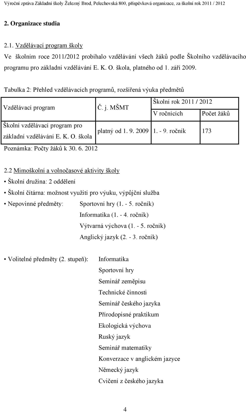 2009 1. - 9. ročník 173 základní vzdělávání E. K. O. škola Poznámka: Počty žáků k 30. 6. 2012 2.