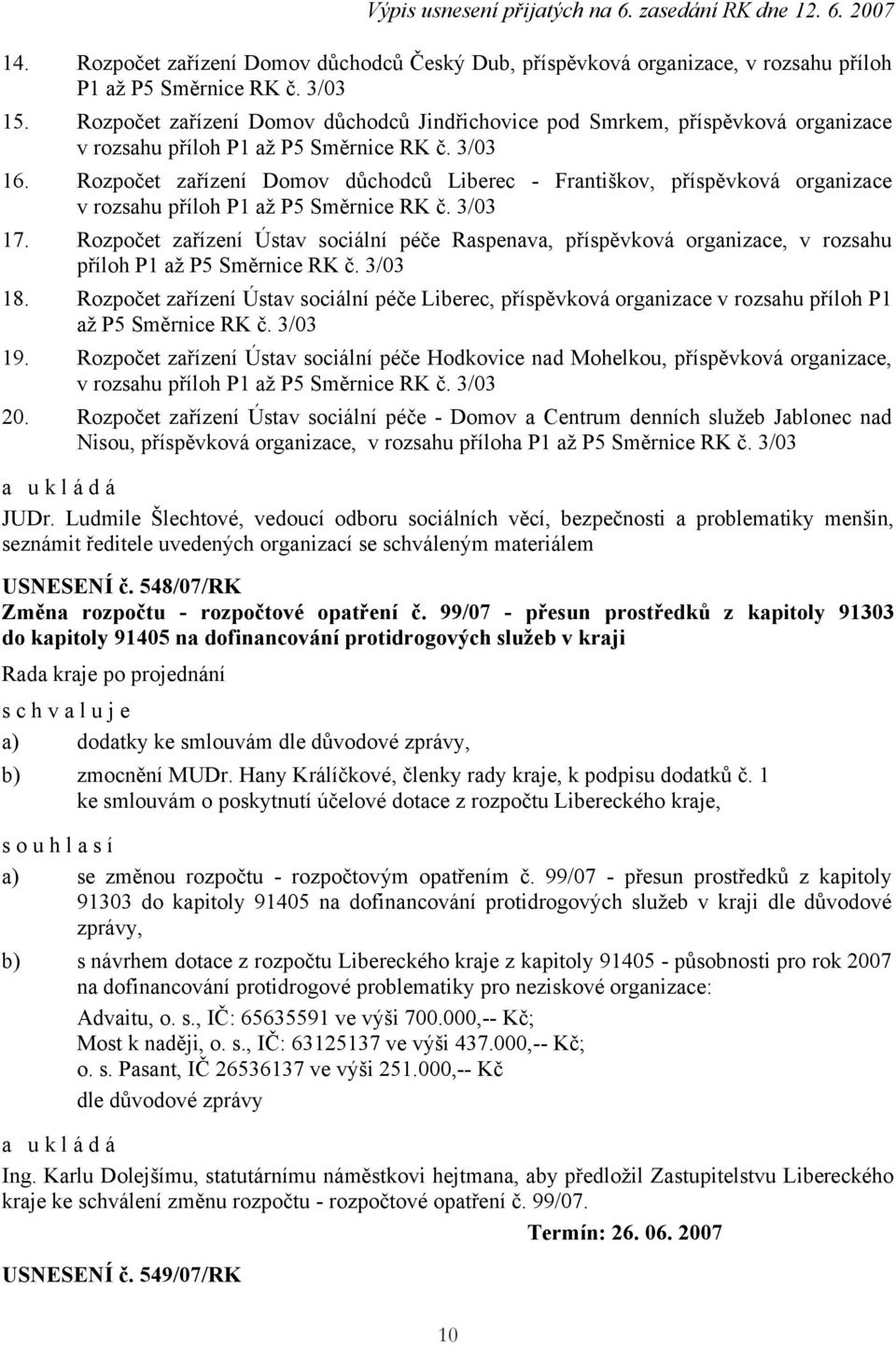 Rozpočet zařízení Domov důchodců Liberec - Františkov, příspěvková organizace v rozsahu příloh P1 až P5 Směrnice RK č. 3/03 17.