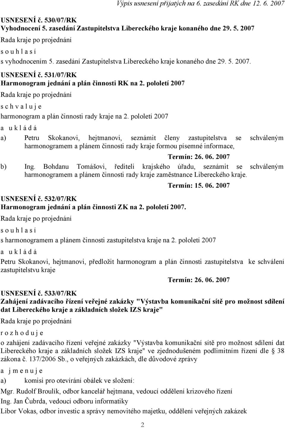 pololetí 2007 a) Petru Skokanovi, hejtmanovi, seznámit členy zastupitelstva se schváleným harmonogramem a plánem činnosti rady kraje formou písemné informace, b) Ing.