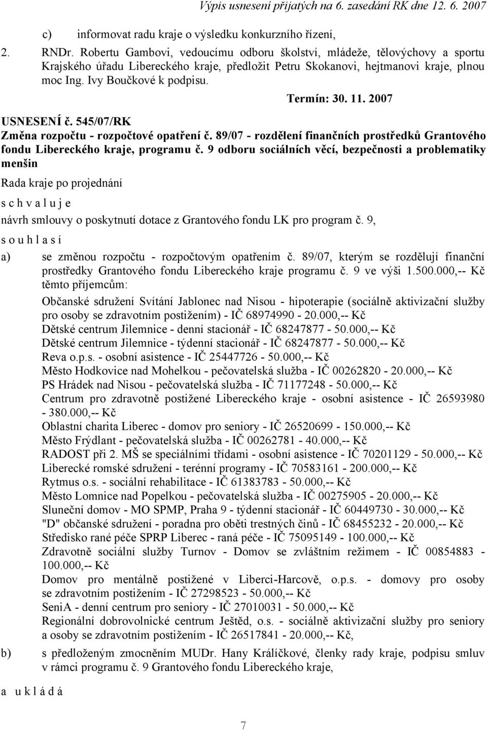 Termín: 30. 11. 2007 USNESENÍ č. 545/07/RK Změna rozpočtu - rozpočtové opatření č. 89/07 - rozdělení finančních prostředků Grantového fondu Libereckého kraje, programu č.