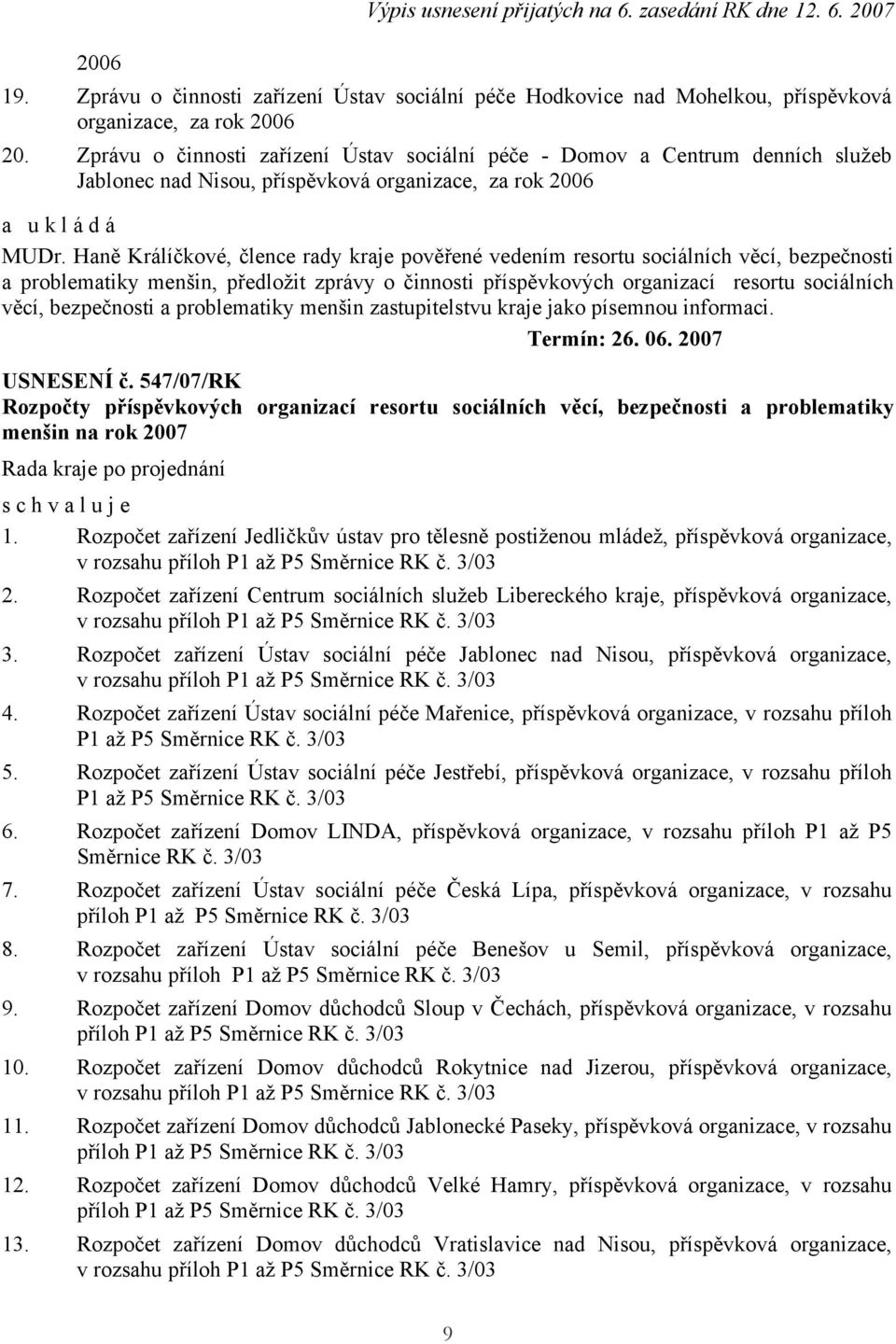 Haně Králíčkové, člence rady kraje pověřené vedením resortu sociálních věcí, bezpečnosti a problematiky menšin, předložit zprávy o činnosti příspěvkových organizací resortu sociálních věcí,