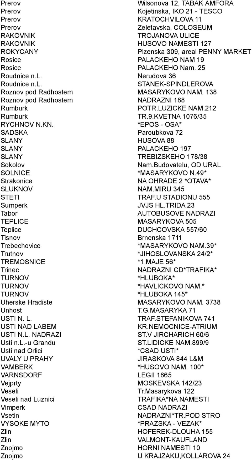 LUZICKE NAM.212 Rumburk TR.9.KVETNA 1076/35 RYCHNOV N.KN. *EPOS - OSA* SADSKA Paroubkova 72 SLANY HUSOVA 88 SLANY PALACKEHO 197 SLANY TREBIZSKEHO 178/38 Sokolov Nam.