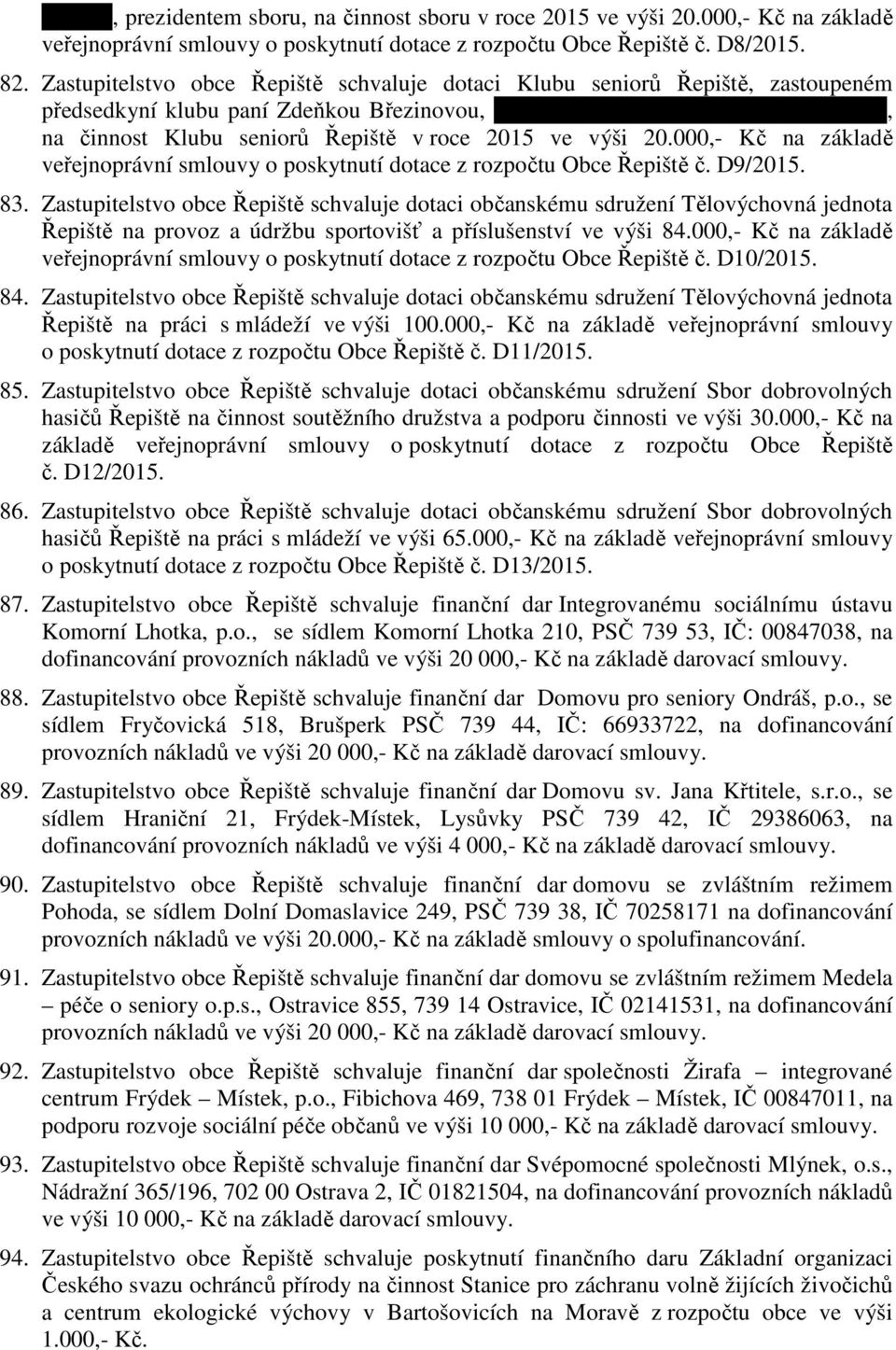 roce 2015 ve výši 20.000,- Kč na základě veřejnoprávní smlouvy o poskytnutí dotace z rozpočtu Obce Řepiště č. D9/2015. 83.