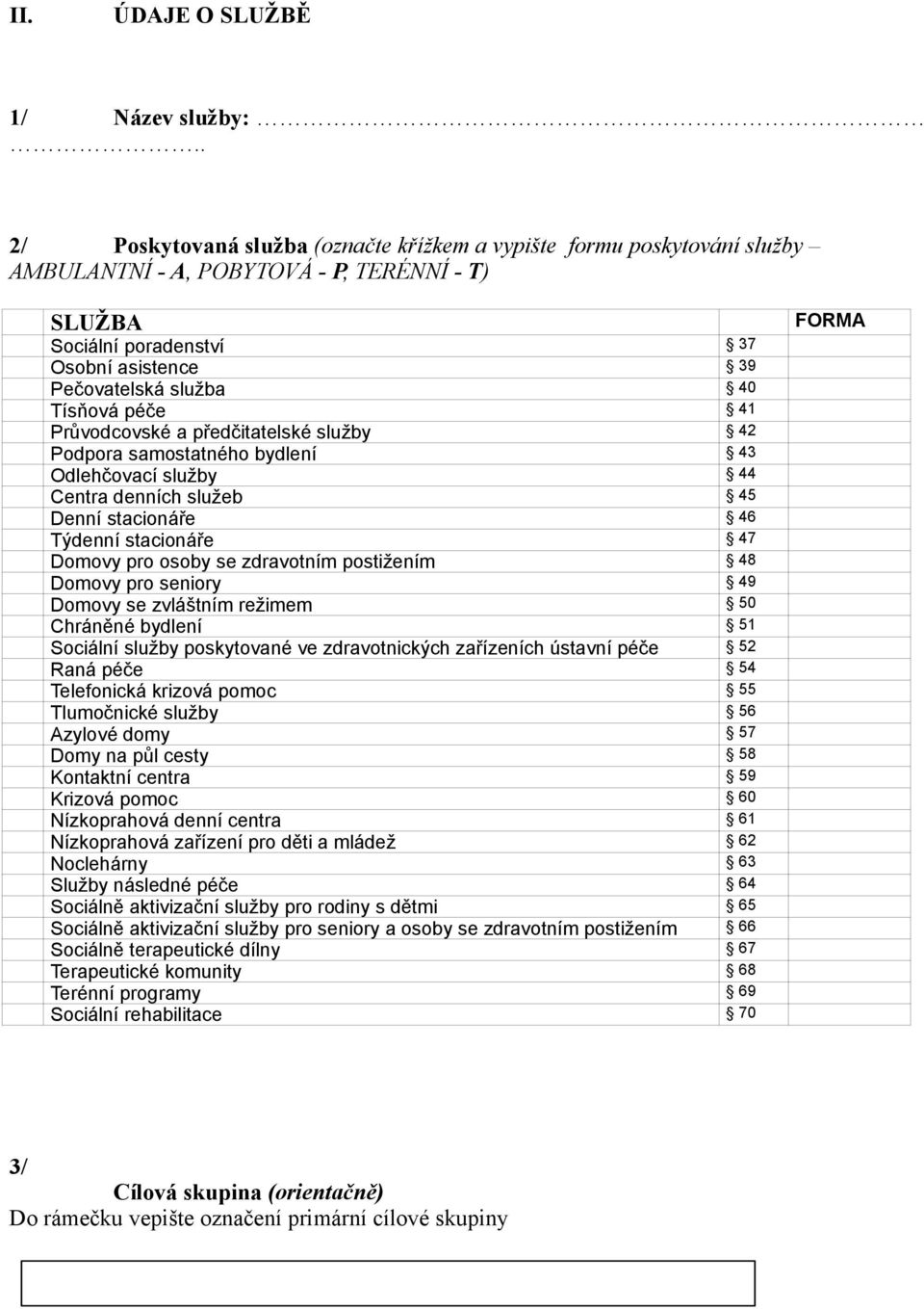 Tísňová péče 41 Průvodcovské a předčitatelské služby 42 Podpora samostatného bydlení 43 Odlehčovací služby 44 Centra denních služeb 45 Denní stacionáře 46 Týdenní stacionáře 47 Domovy pro osoby se