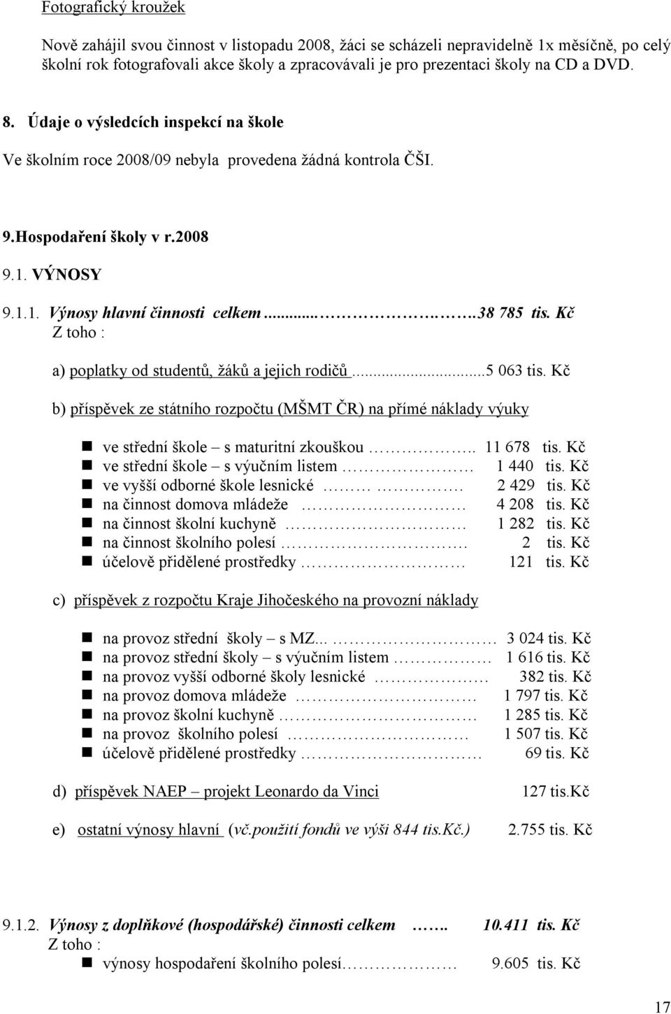 Kč Z toho : a) poplatky od studentů, žáků a jejich rodičů...5 063 tis. Kč b) příspěvek ze státního rozpočtu (MŠMT ČR) na přímé náklady výuky ve střední škole s maturitní zkouškou.. 11 678 tis.