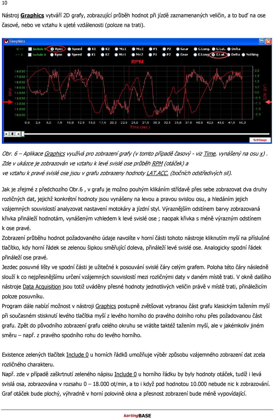 Zde v ukázce je zobrazován ve vztahu k levé svislé ose průběh RPM (otáček) a ve vztahu k pravé svislé ose jsou v grafu zobrazeny hodnoty LAT.ACC. (bočních odstředivých sil).