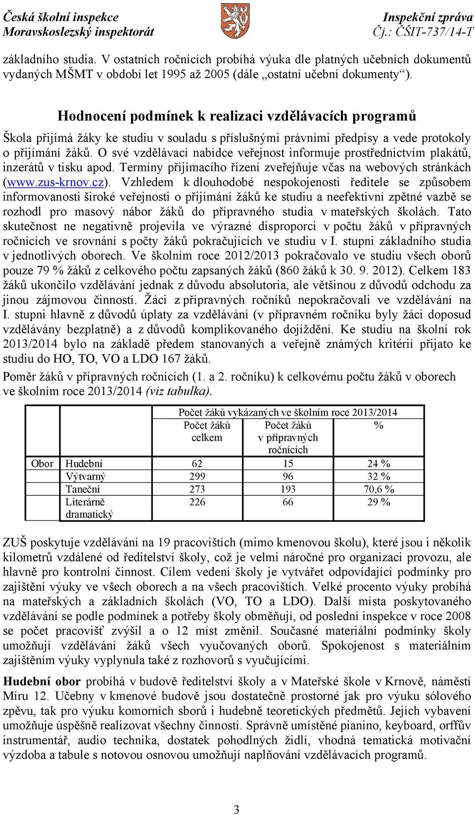 O své vzdělávací nabídce veřejnost informuje prostřednictvím plakátů, inzerátů v tisku apod. Termíny přijímacího řízení zveřejňuje včas na webových stránkách (www.zus-krnov.cz).