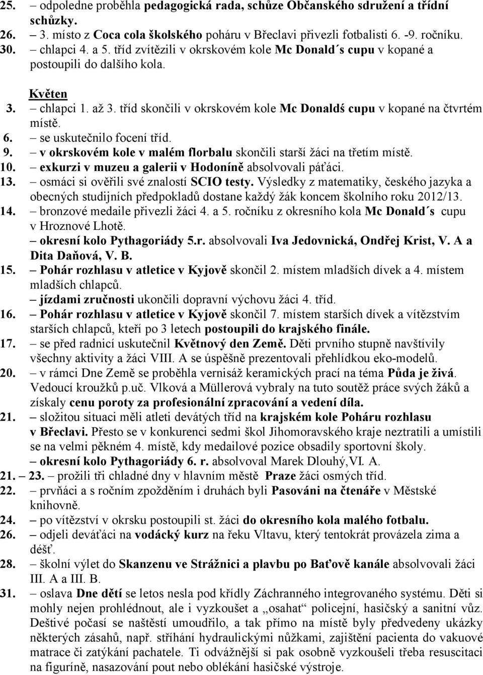 se uskutečnilo focení tříd. 9. v okrskovém kole v malém florbalu skončili starší žáci na třetím místě. 10. exkurzi v muzeu a galerii v Hodoníně absolvovali páťáci. 13.