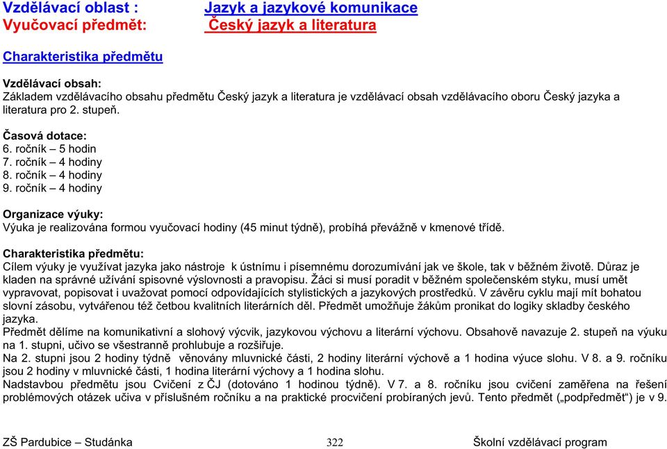 ro ník 4 hodiny Organizace výuky: Výuka je realizována formou vyu ovací hodiny (45 minut týdn ), probíhá p evážn v kmenové t íd.