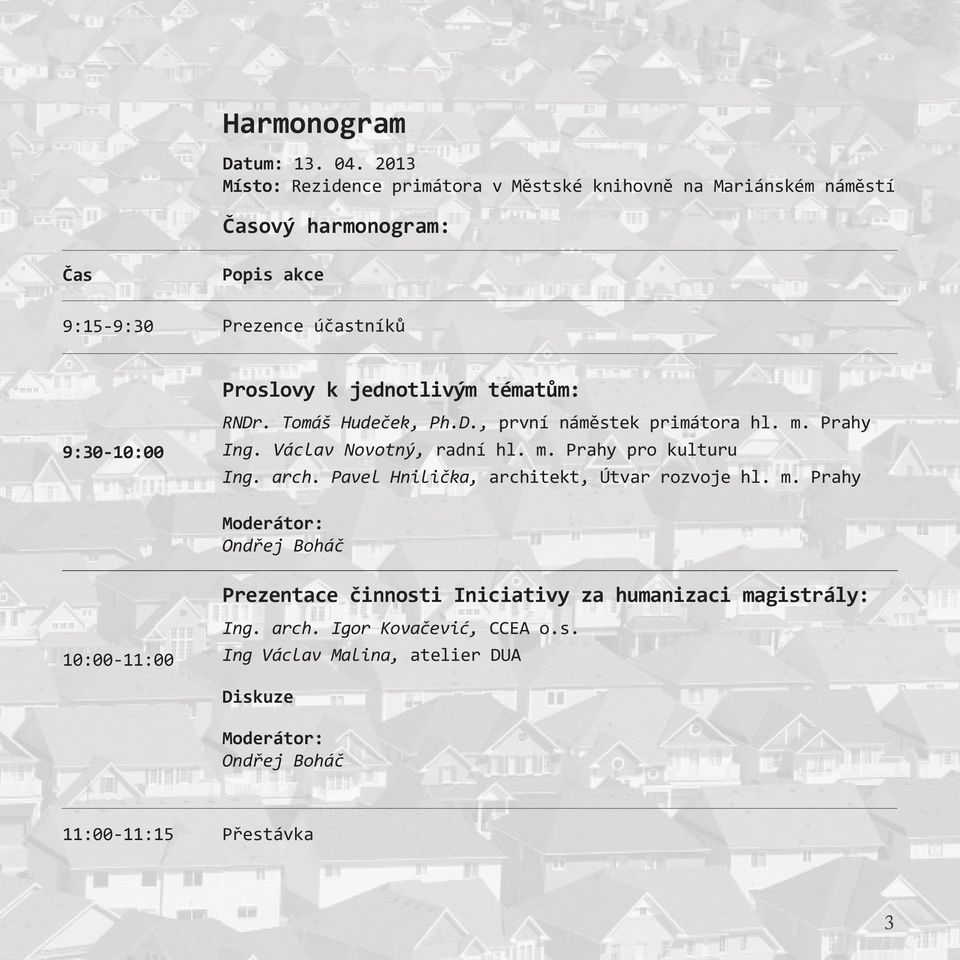 jednotlivým tématům: 9:30-10:00 RNDr. Tomáš Hudeček, Ph.D., první náměstek primátora hl. m. Prahy Ing. Václav Novotný, radní hl. m. Prahy pro kulturu Ing.