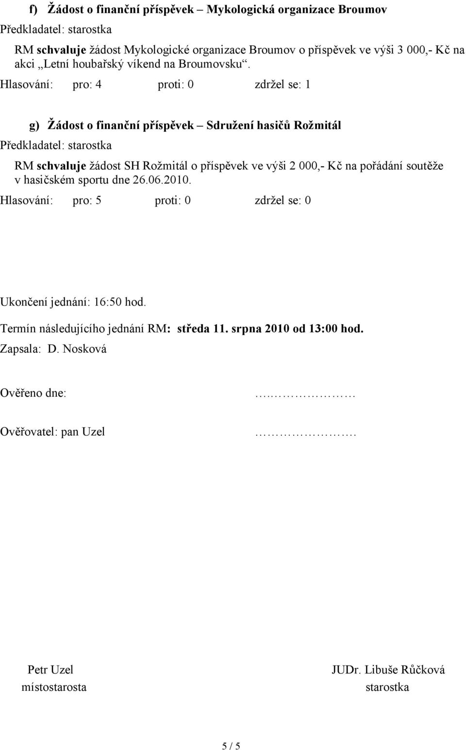 Hlasování: pro: 4 proti: 0 zdržel se: 1 g) Žádost o finanční příspěvek Sdružení hasičů Rožmitál RM schvaluje žádost SH Rožmitál o příspěvek ve výši 2