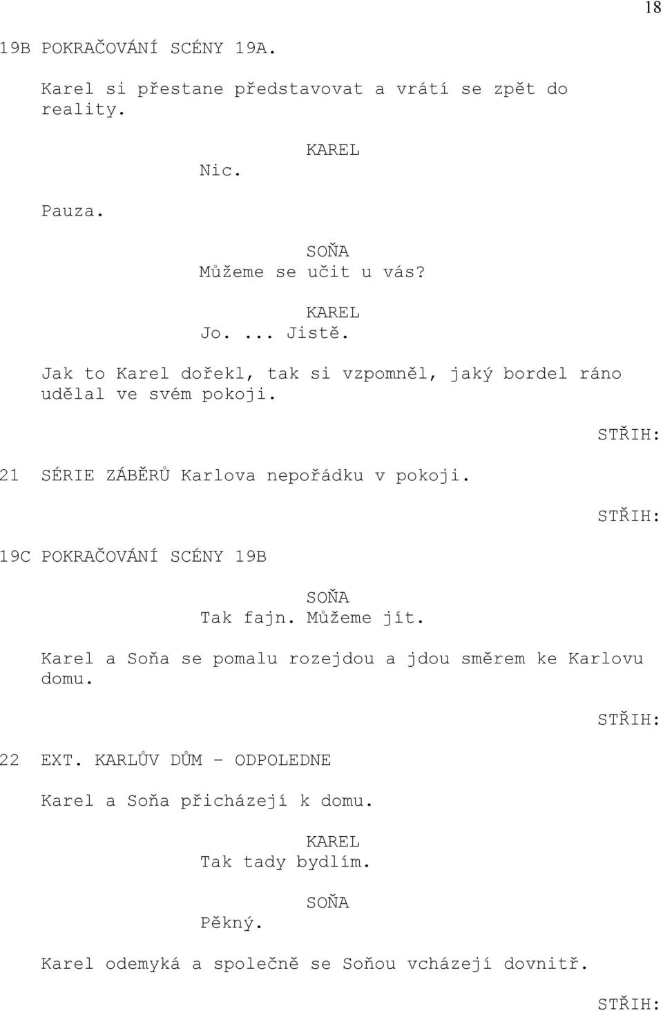 21 SÉRIE ZÁBĚRŮ Karlova nepořádku v pokoji. 19C POKRAČOVÁNÍ SCÉNY 19B Tak fajn. Můžeme jít.