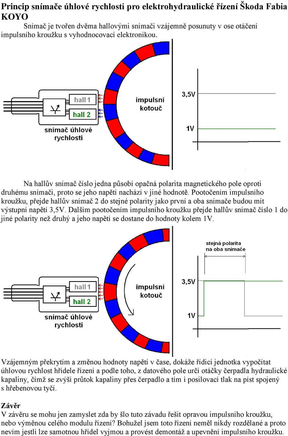 Pootočením impulsního kroužku, přejde hallův snímač 2 do stejné polarity jako první a oba snímače budou mít výstupní napětí 3,5V.