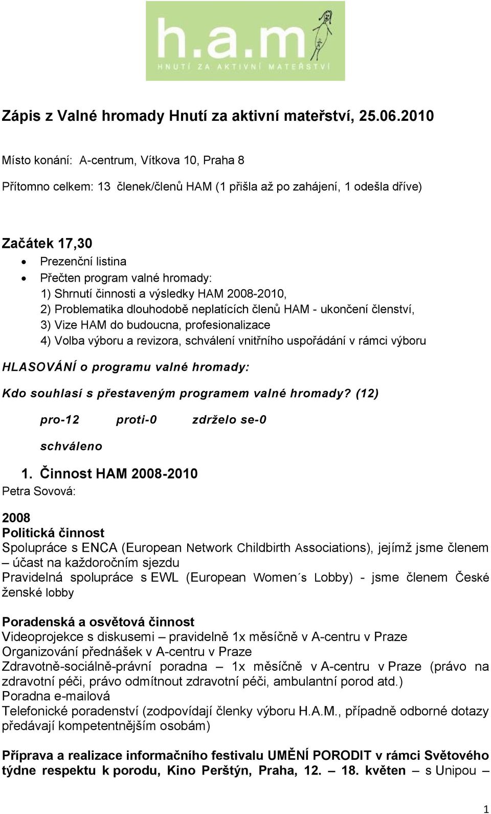 Shrnutí činnosti a výsledky HAM 2008-2010, 2) Problematika dlouhodobě neplatících členů HAM - ukončení členství, 3) Vize HAM do budoucna, profesionalizace 4) Volba výboru a revizora, schválení